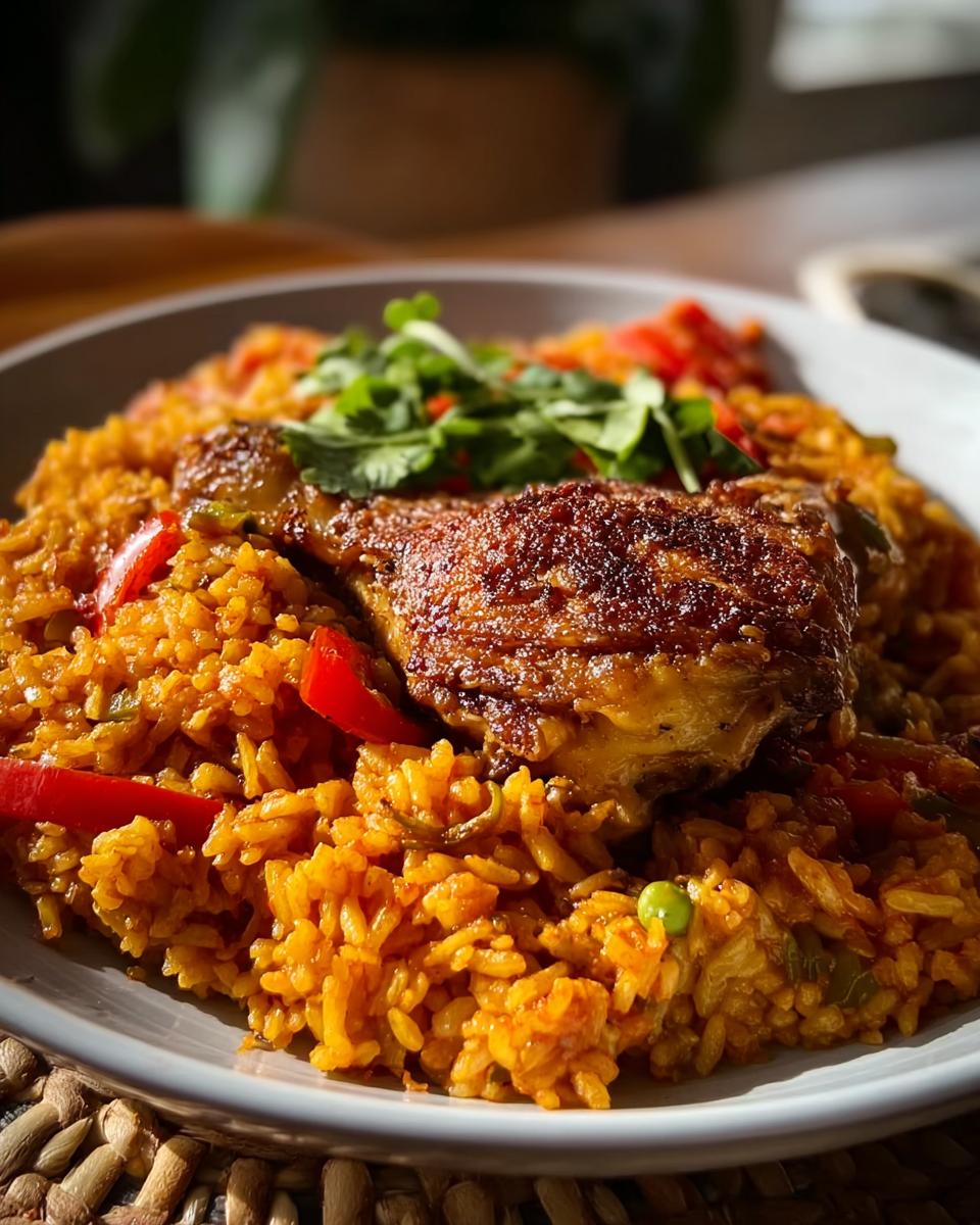 A serving of Spanish Style Chicken and Rice with Paprika, topped with a crispy chicken thigh and fresh cilantro.