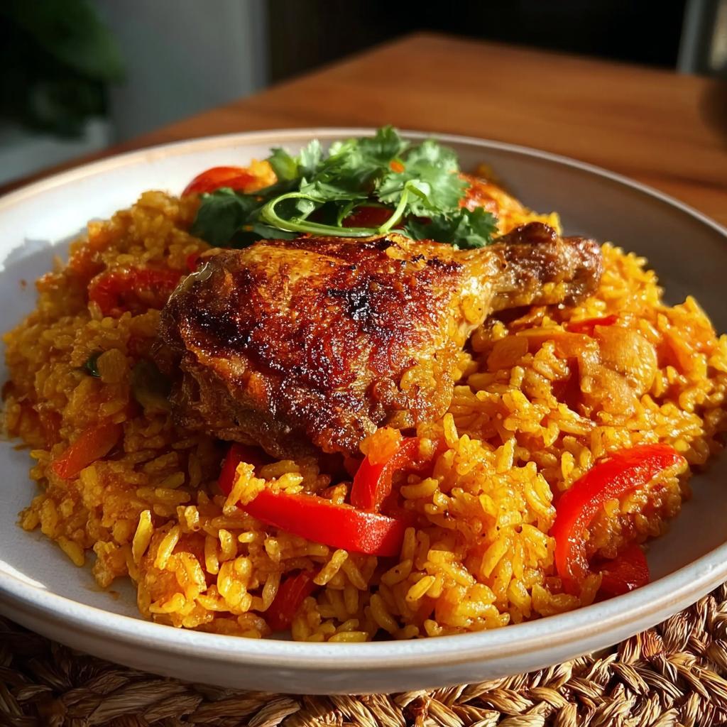 A close-up of Spanish Style Chicken and Rice with Paprika, featuring a crispy chicken leg over yellow rice and red peppers.