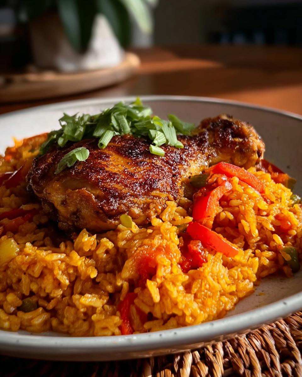 A close-up of Spanish Style Chicken and Rice with Paprika, featuring a seasoned chicken leg over saffron-colored rice and red peppers, topped with green onions.