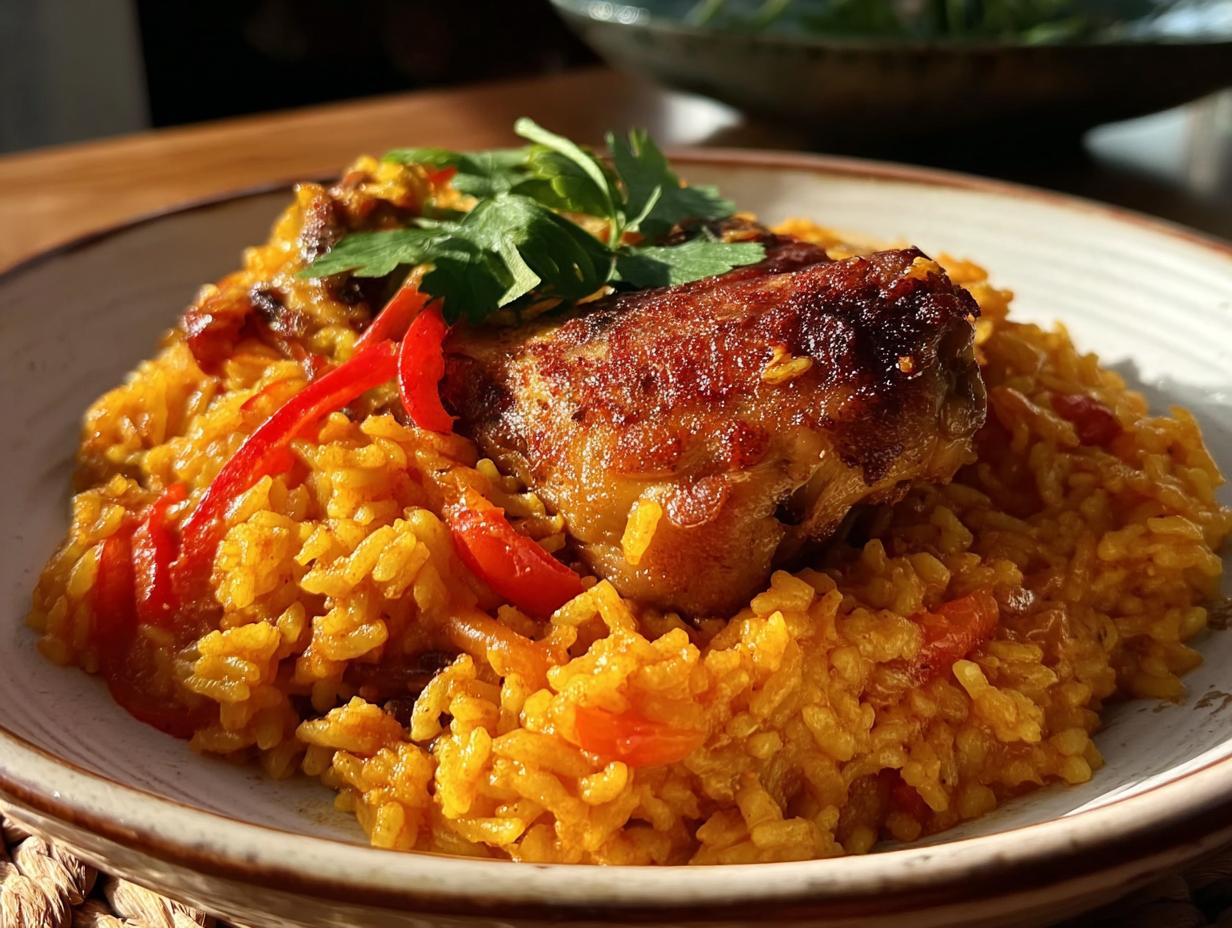 A serving of vibrant yellow Spanish Style Chicken and Rice with Paprika, topped with a browned chicken piece.