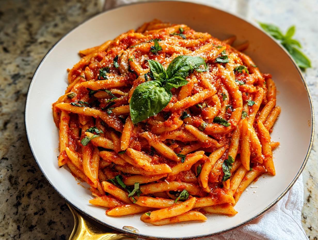 A close-up overhead view of Spicy Arrabbiata Pasta with Bold Heat, tossed in rich tomato sauce and garnished with basil.