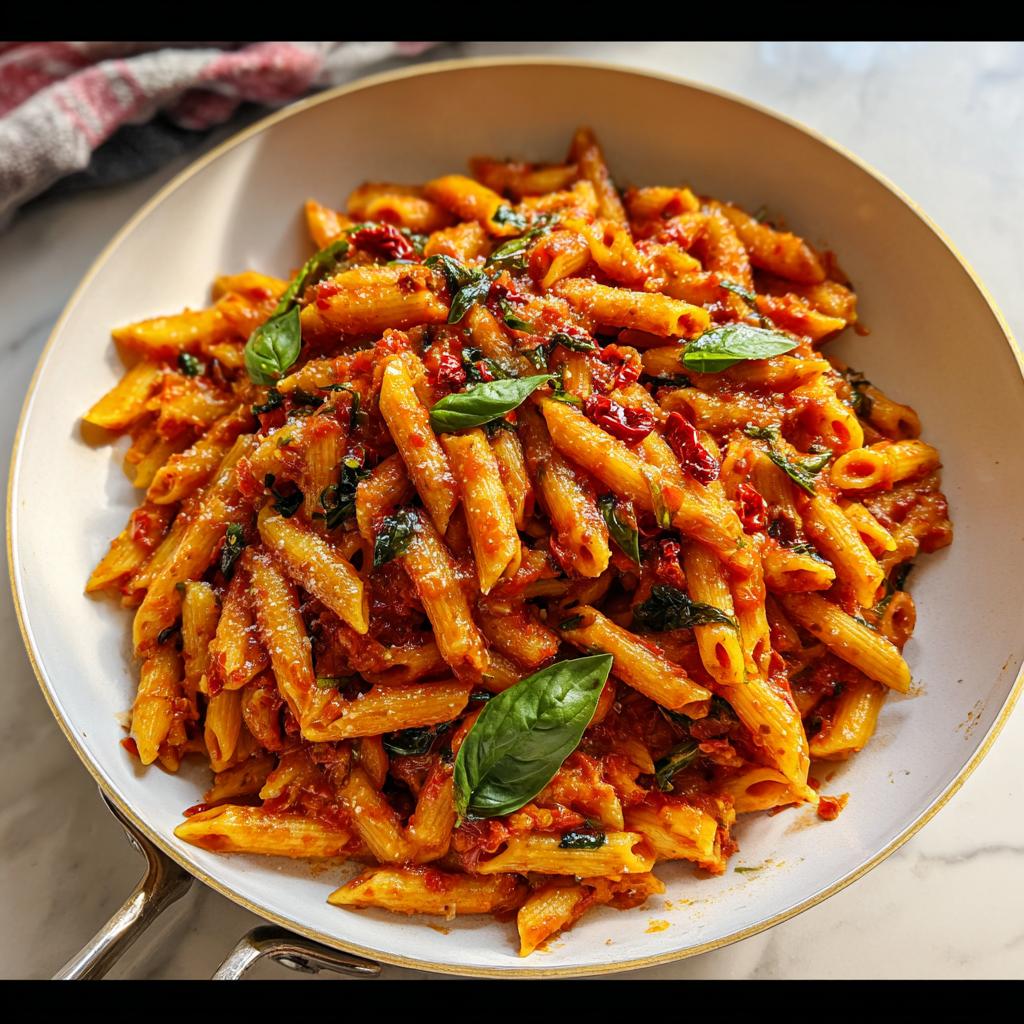 A close-up of Spicy Arrabbiata Pasta with Bold Heat, featuring penne coated in rich red sauce and fresh basil leaves.