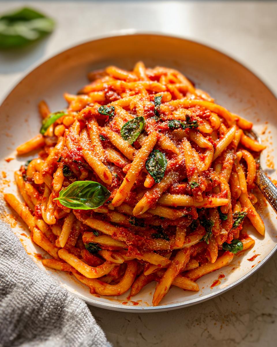 Close-up of a plate piled high with Spicy Arrabbiata Pasta, coated in red sauce and topped with basil.
