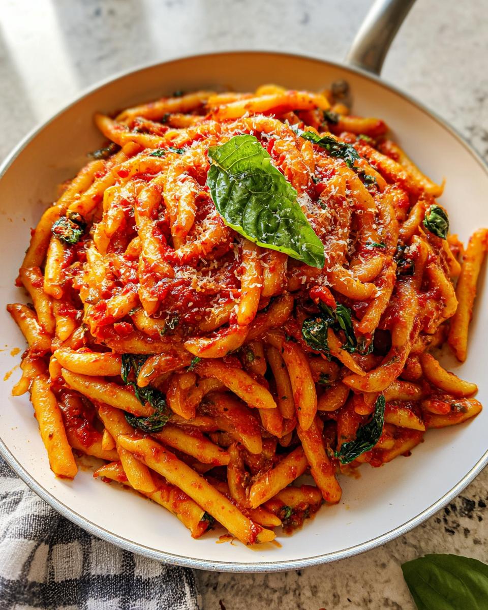 Close-up of Spicy Arrabbiata Pasta with Bold Heat tossed in a red sauce, topped with Parmesan and basil.