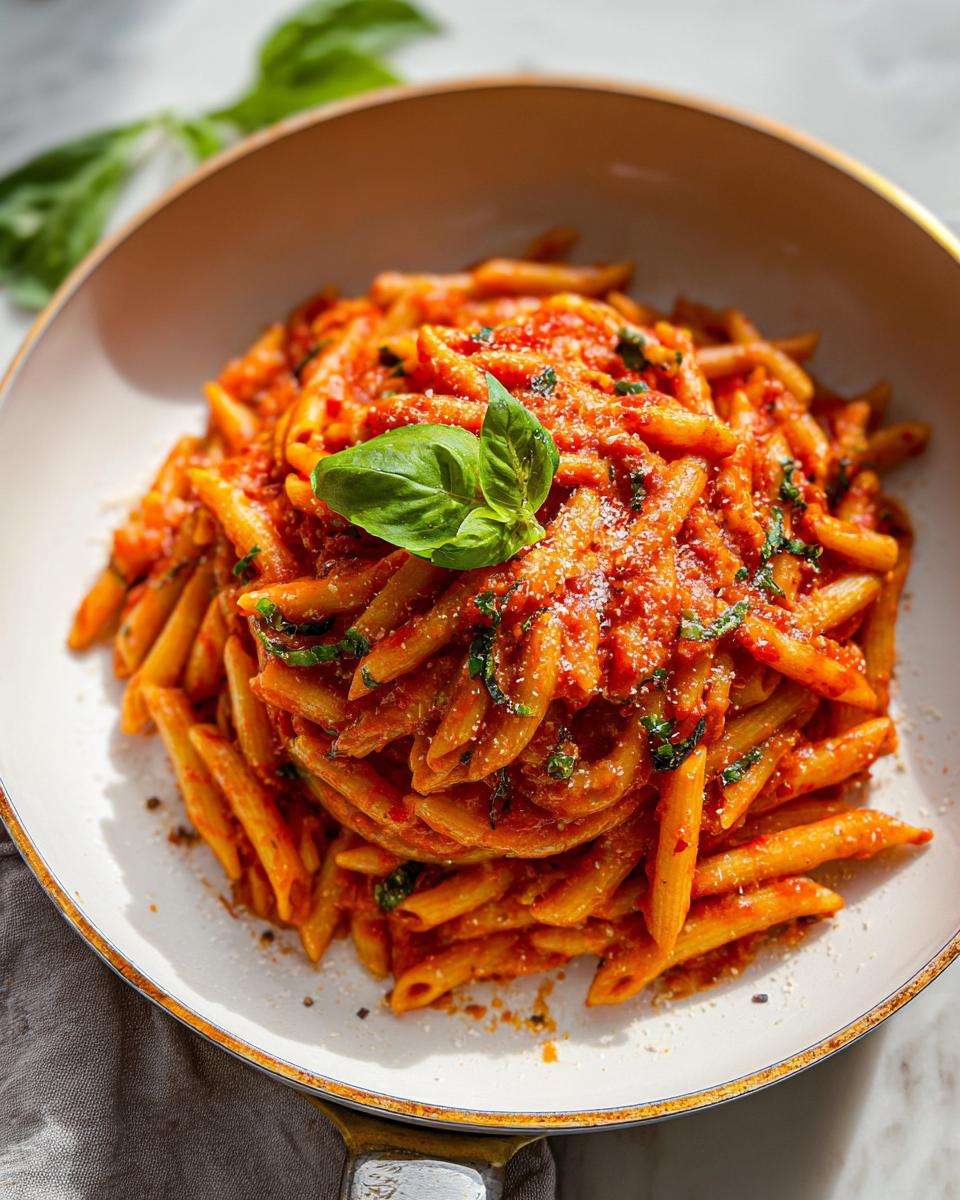 A bowl piled high with Spicy Arrabbiata Pasta tossed in a rich red sauce and topped with fresh basil.