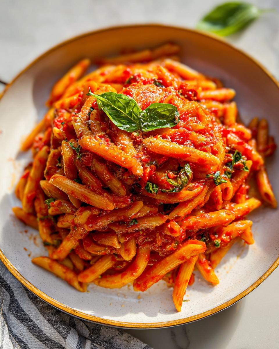 A bowl piled high with Spicy Arrabbiata Pasta coated in a vibrant red sauce and topped with fresh basil.