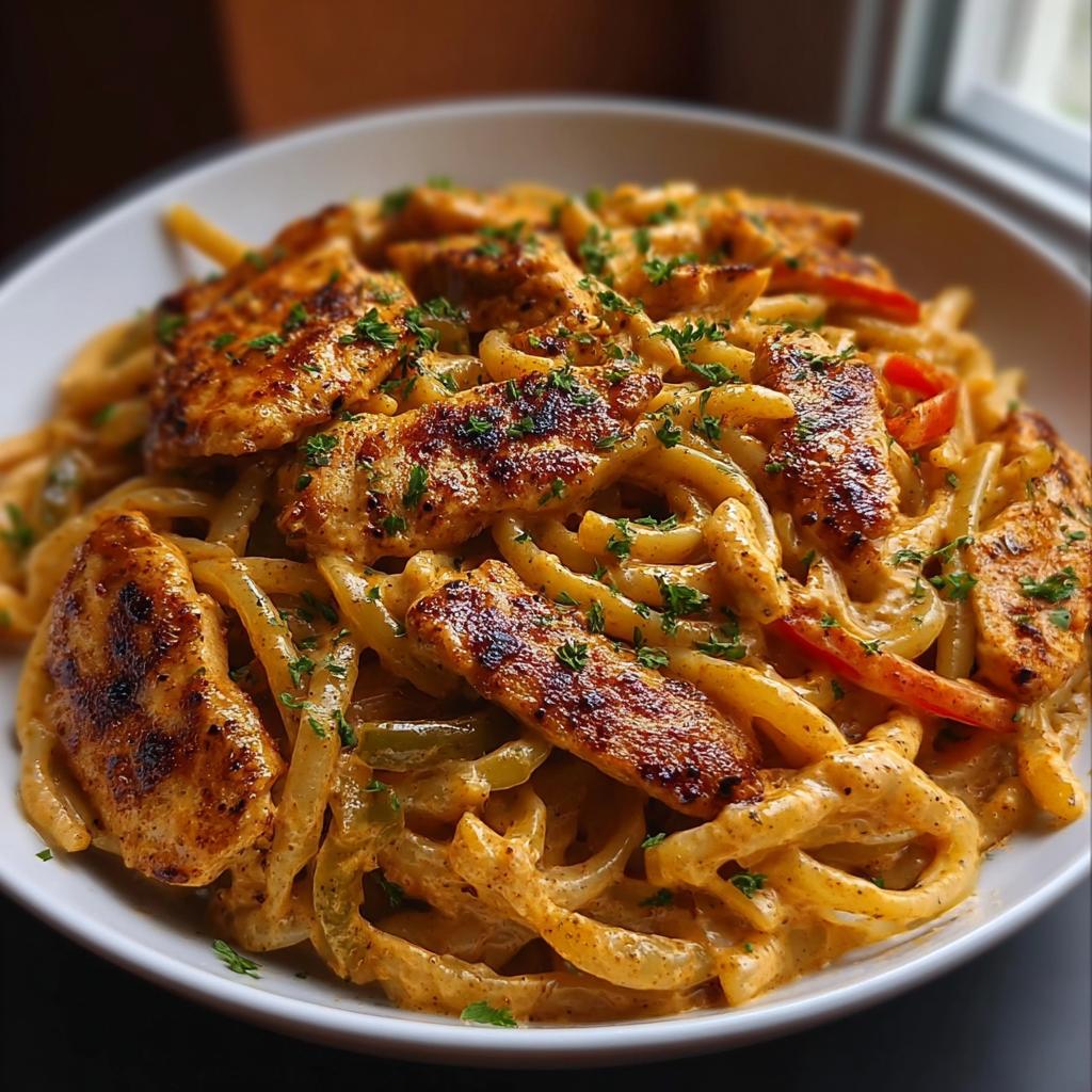 Close-up of Spicy Cajun Chicken Pasta with creamy sauce, grilled chicken strips, and peppers, garnished with parsley.