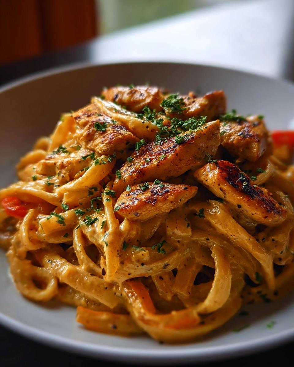 A close-up of Spicy Cajun Chicken Pasta with Creamy Sauce, topped with grilled chicken strips and parsley.