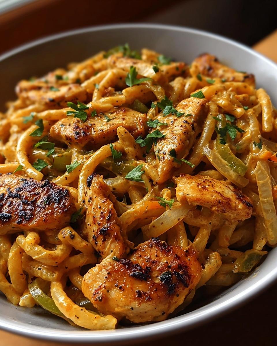 A close-up bowl of Spicy Cajun Chicken Pasta with creamy sauce, grilled chicken pieces, and parsley garnish.