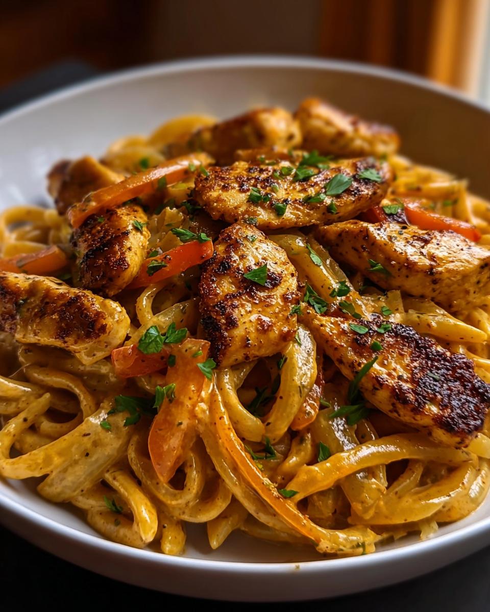 Close-up of Spicy Cajun Chicken Pasta with Creamy Sauce, featuring blackened chicken pieces and bell peppers.