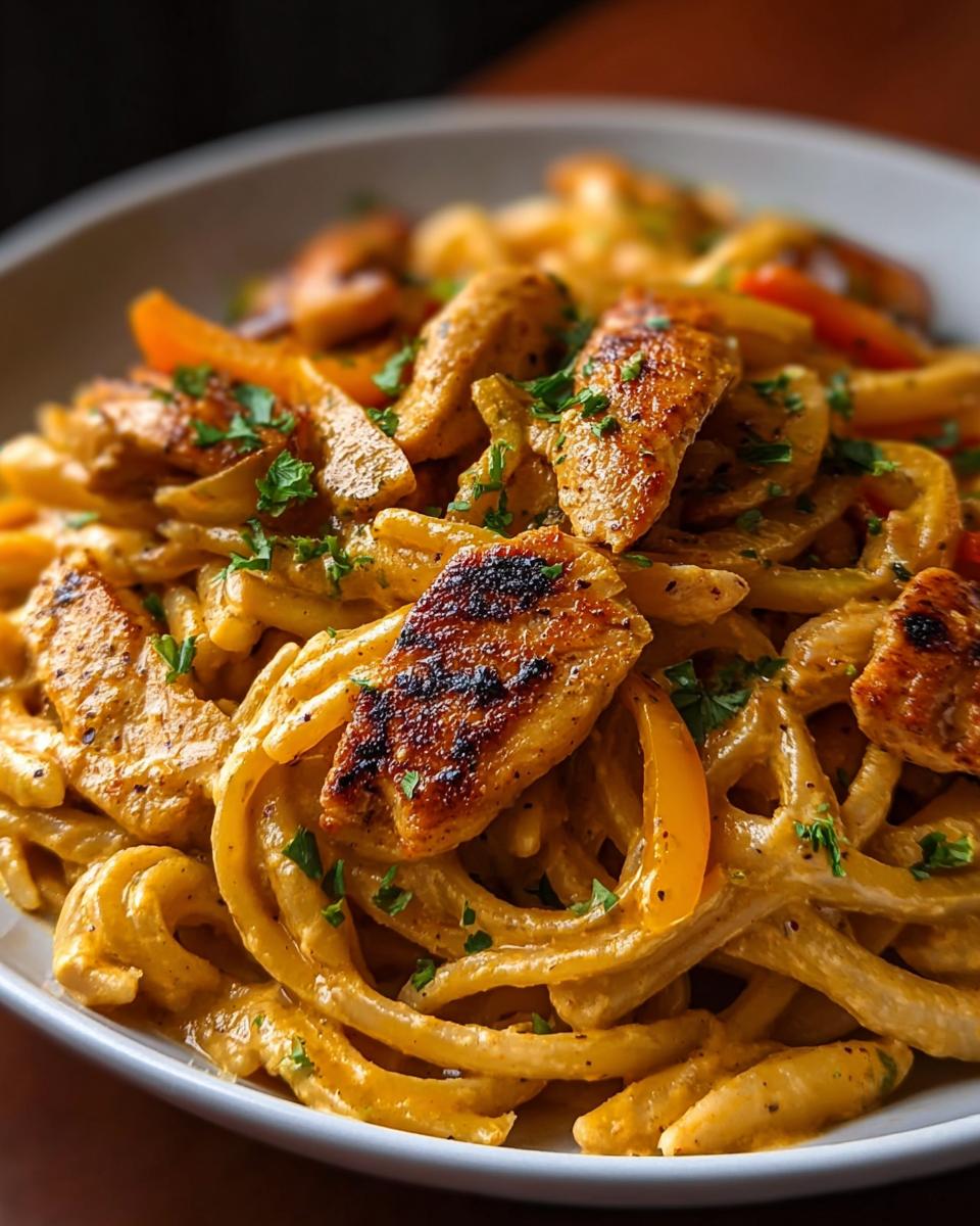 Close-up of Spicy Cajun Chicken Pasta with Creamy Sauce, featuring grilled chicken pieces and bell peppers.