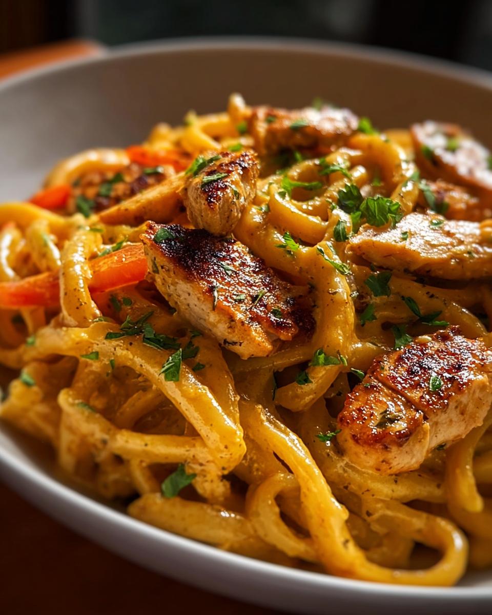 A close-up shot of Spicy Cajun Chicken Pasta with creamy orange sauce, topped with seared chicken pieces and parsley.