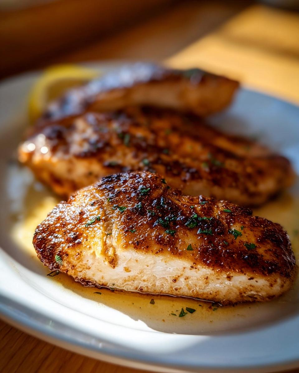 Close-up of a perfectly cooked Spicy Cajun Chicken with Smoky Paprika, resting in pan juices.