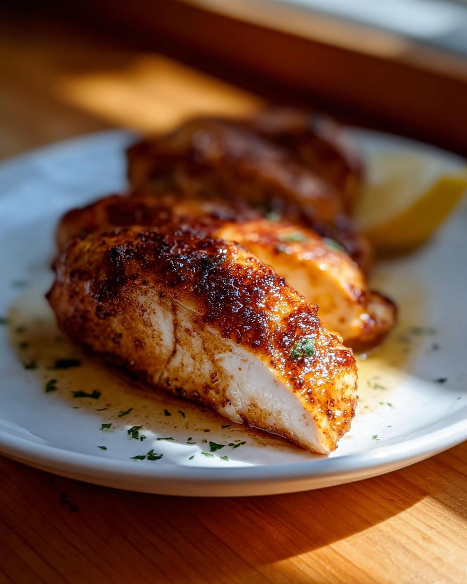 Close-up of a perfectly cooked slice of Spicy Cajun Chicken with Smoky Paprika, showing moist white meat and a dark, seasoned crust.