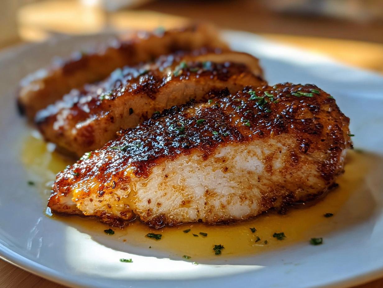 A thick slice of juicy Spicy Cajun Chicken with Smoky Paprika, showing a caramelized, dark crust and resting in pan juices.