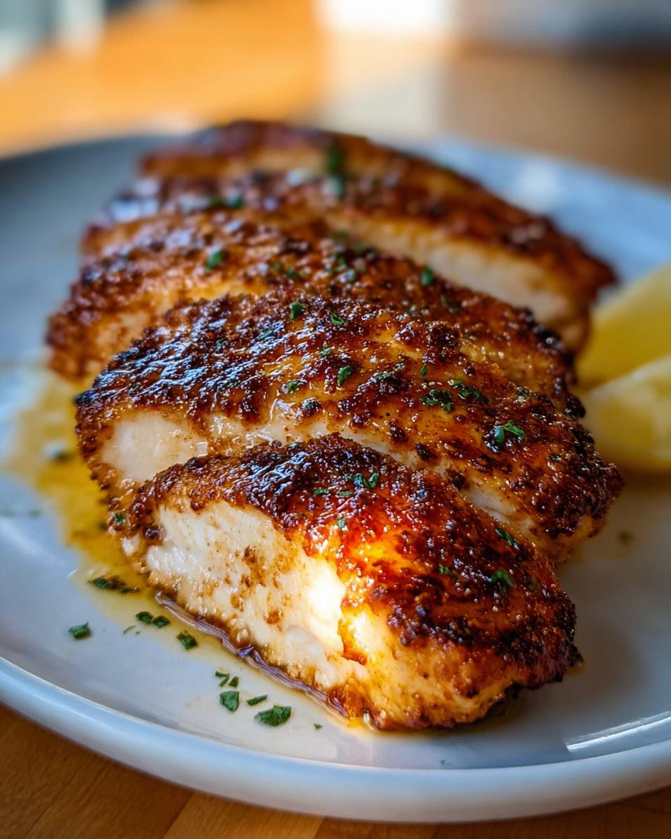 Close-up of sliced Spicy Cajun Chicken with Smoky Paprika, showing juicy white meat and a dark, seasoned crust.