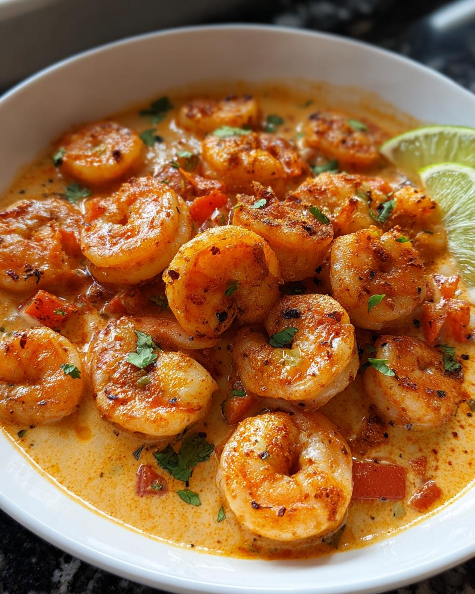 Close-up of Spicy Cajun Shrimp with Smoky Seasoning coated in a creamy sauce, garnished with cilantro and lime.