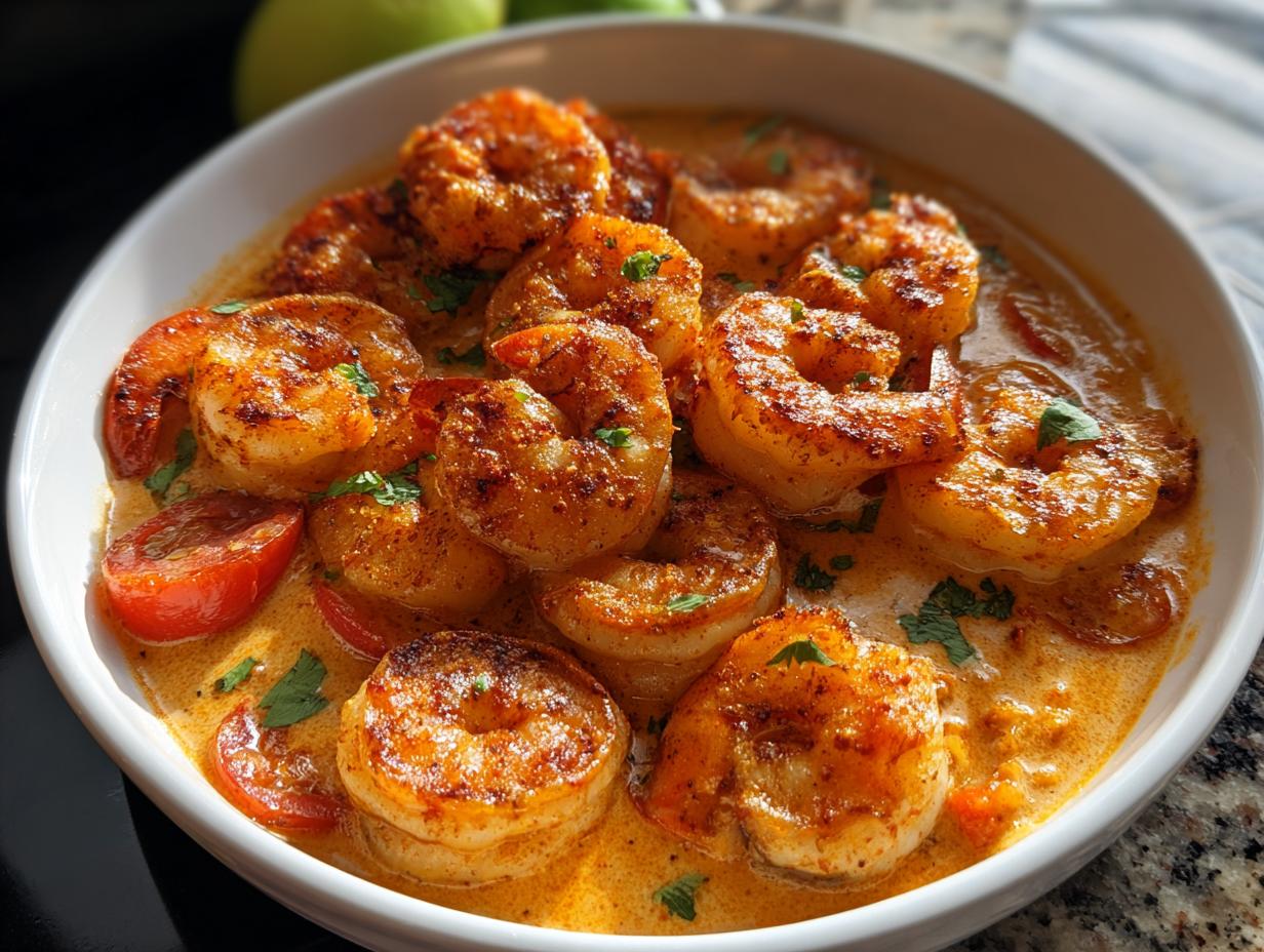 Close-up of Spicy Cajun Shrimp with Smoky Seasoning served in a rich, creamy sauce with halved cherry tomatoes.