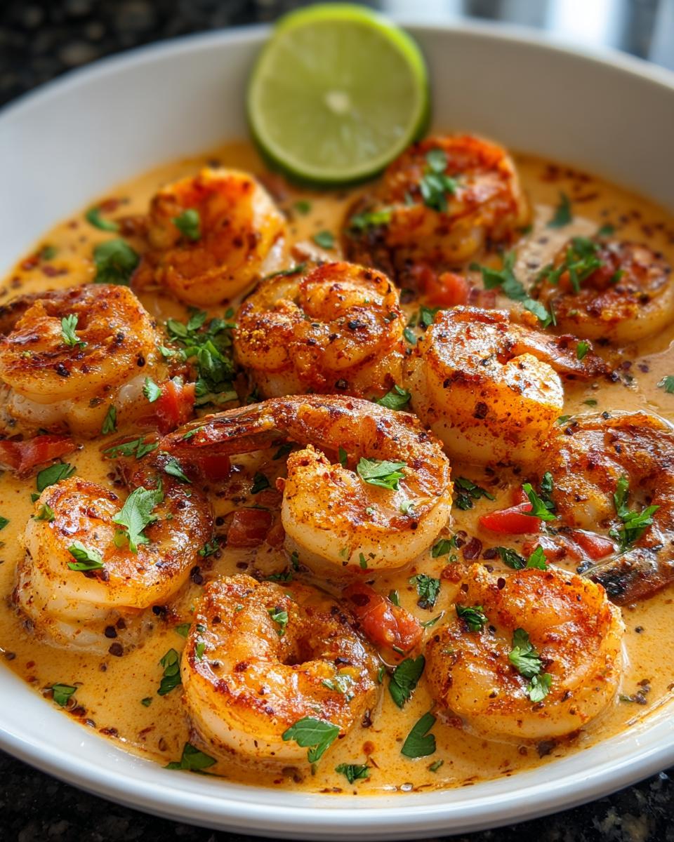 Close-up of Spicy Cajun Shrimp with Smoky Seasoning in a creamy, orange sauce, garnished with parsley and a lime wedge.