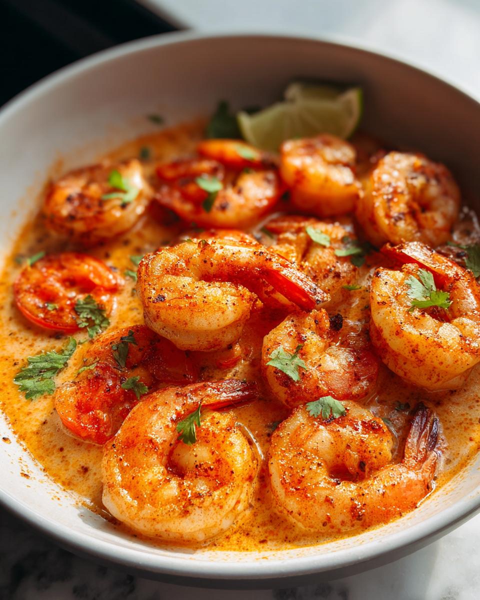 Close-up of Spicy Cajun Shrimp with Smoky Seasoning coated in a creamy, orange sauce, garnished with cilantro.