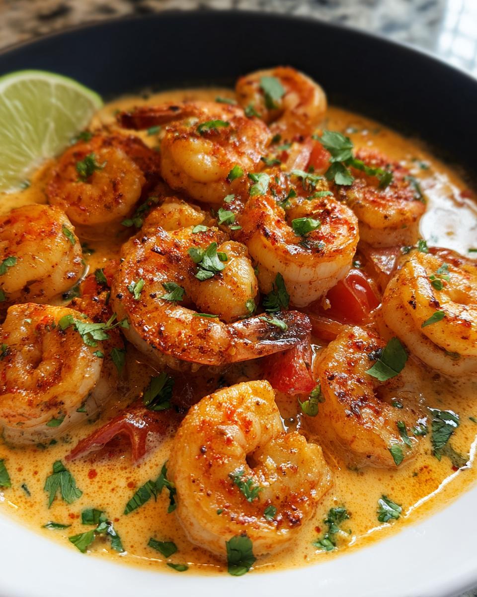Close-up of Spicy Cajun Shrimp with Smoky Seasoning served in a creamy, orange-hued sauce, garnished with parsley and a lime wedge.