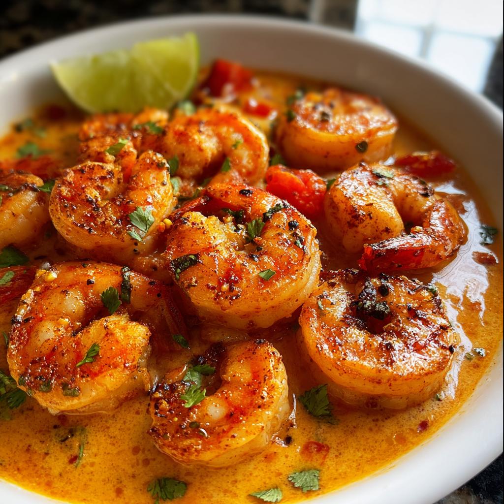 Close-up of plump Spicy Cajun Shrimp with Smoky Seasoning in a creamy, orange sauce, garnished with cilantro and lime.