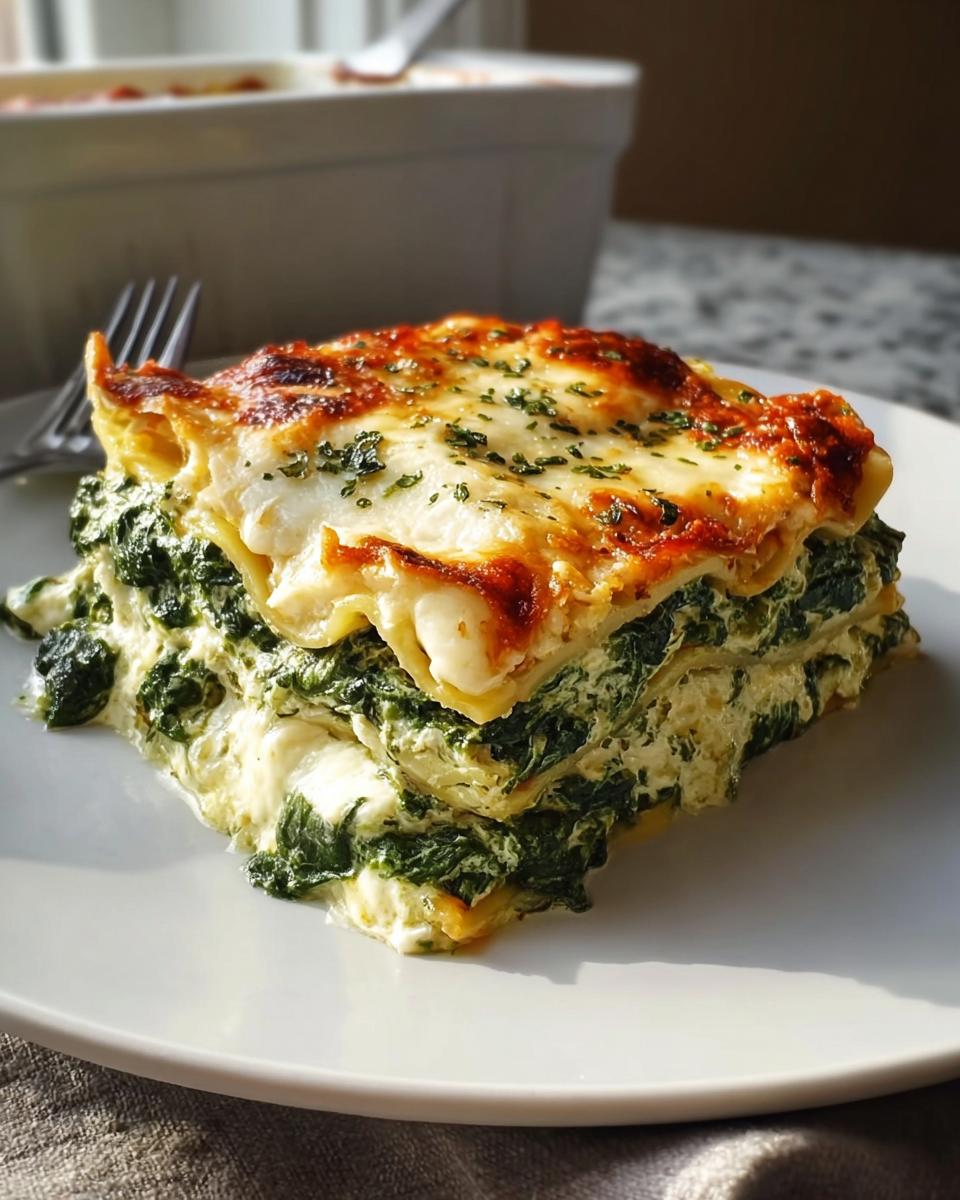 A generous slice of Spinach Ricotta Lasagna with Garlic Herb Flavor, showing layers of creamy filling and browned cheese topping.