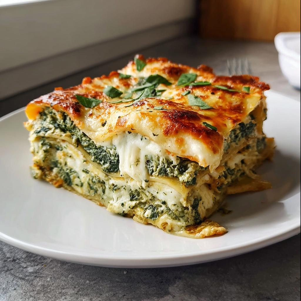 A decadent slice of Spinach Ricotta Lasagna with Garlic Herb Flavor showing layers of pasta, spinach, and cheese.
