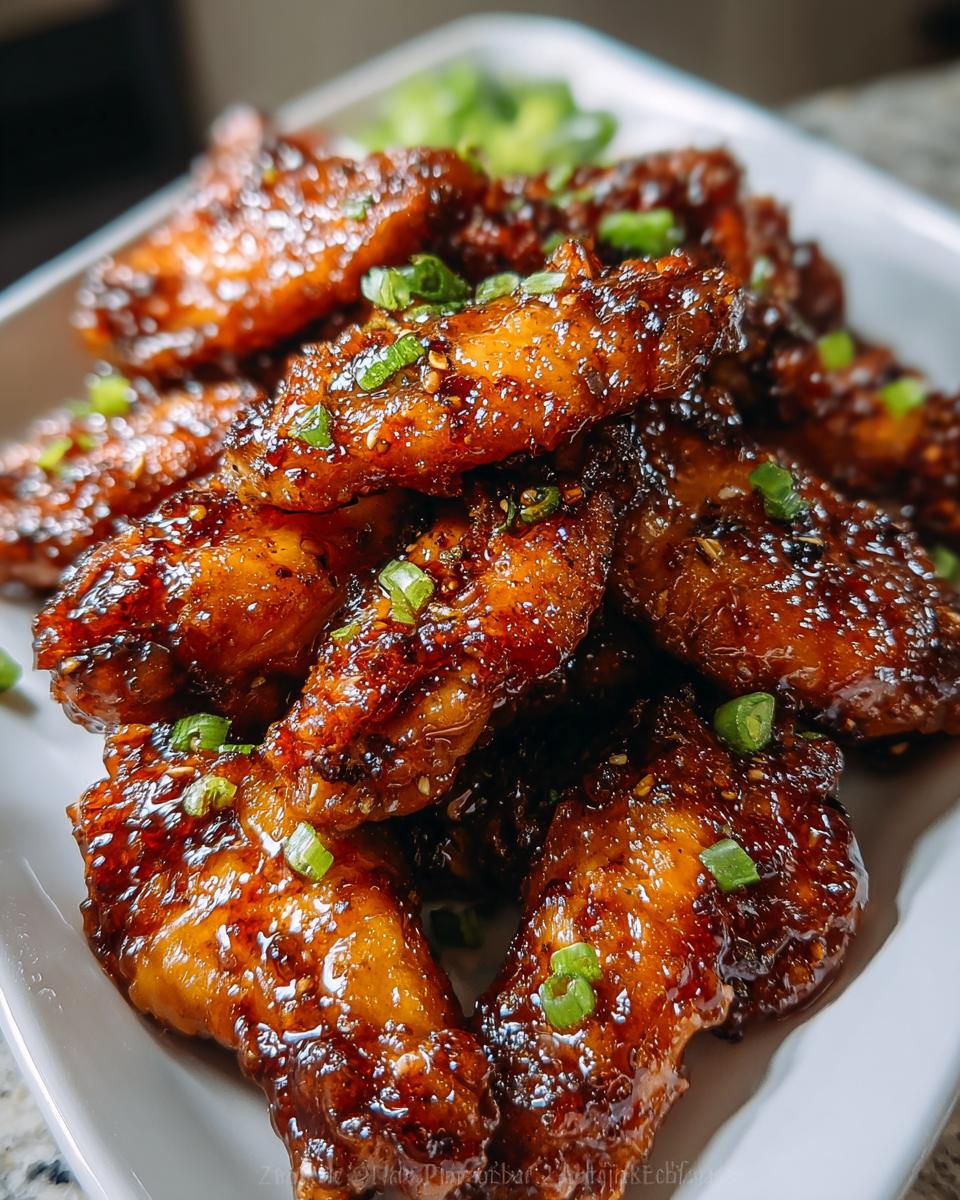 Close-up of glistening Honey Garlic Wings coated in a sticky glaze and topped with green onions.
