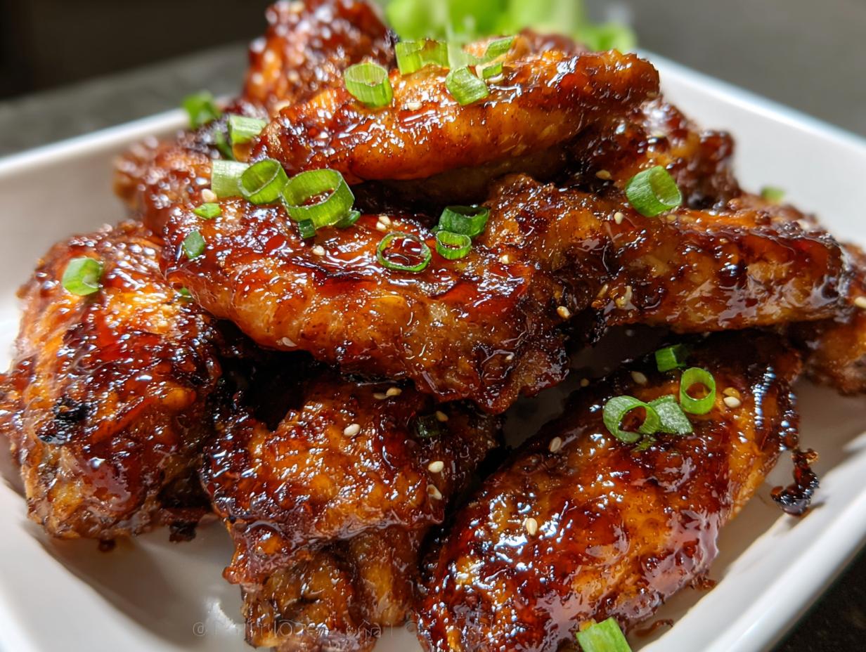 Close-up of crispy Honey Garlic Wings coated in a sticky glaze, garnished with scallions and sesame seeds.