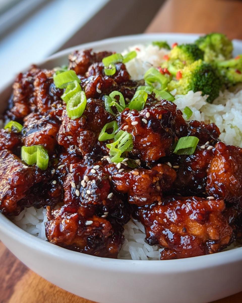 Close-up of Sticky Teriyaki Chicken Bowl featuring glazed chicken over rice with broccoli and green onions.