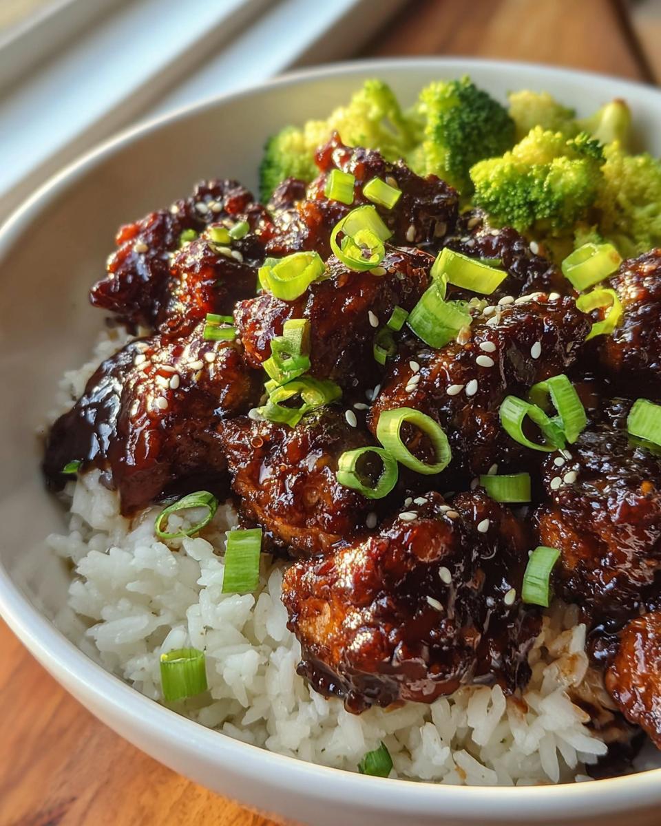 Close-up of a Sticky Teriyaki Chicken Bowl featuring dark, glossy chicken pieces over white rice, topped with green onions and sesame seeds.