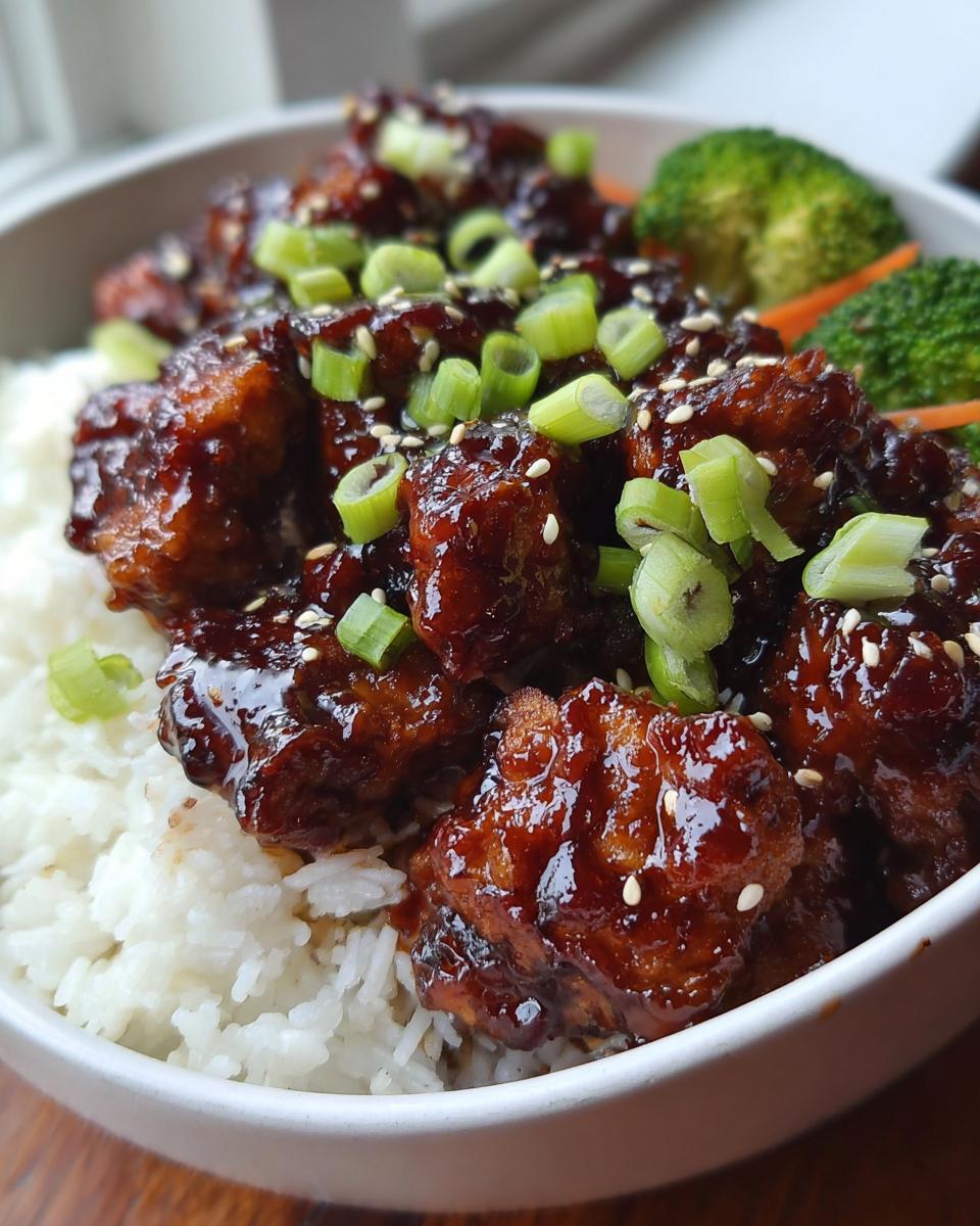 Close-up of a Sticky Teriyaki Chicken Bowl featuring glazed chicken pieces over white rice, topped with scallions and sesame seeds.
