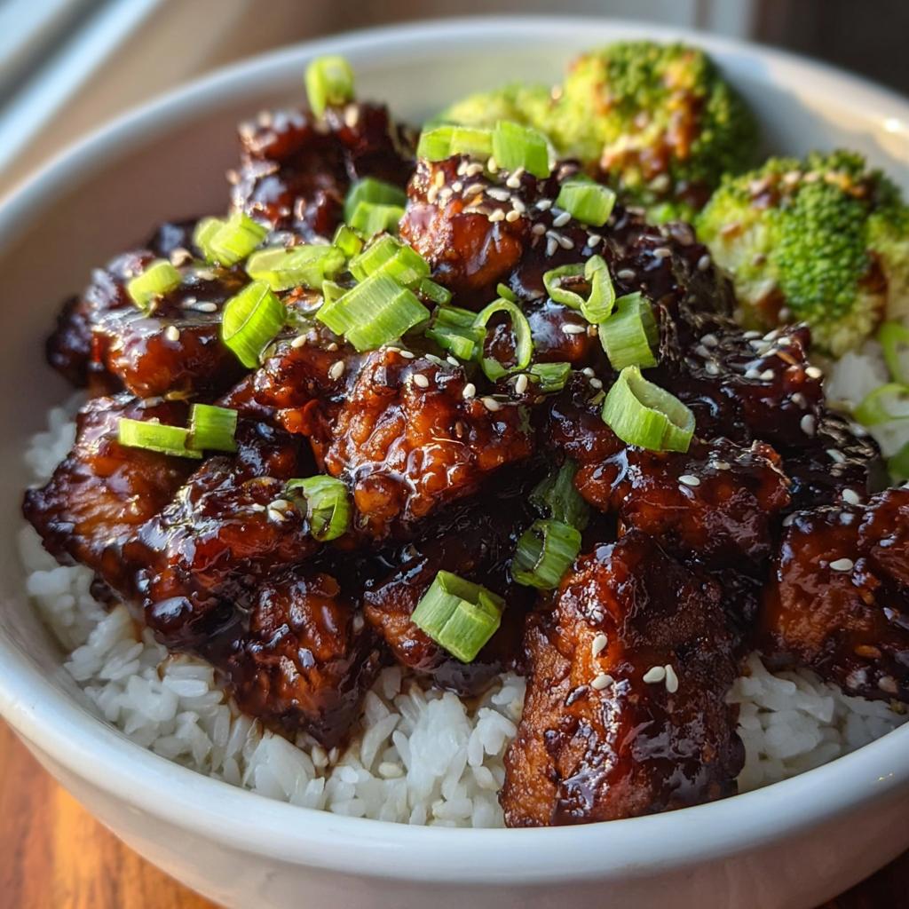 Close-up of Sticky Teriyaki Chicken Bowl topped with sesame seeds and green onions over white rice.
