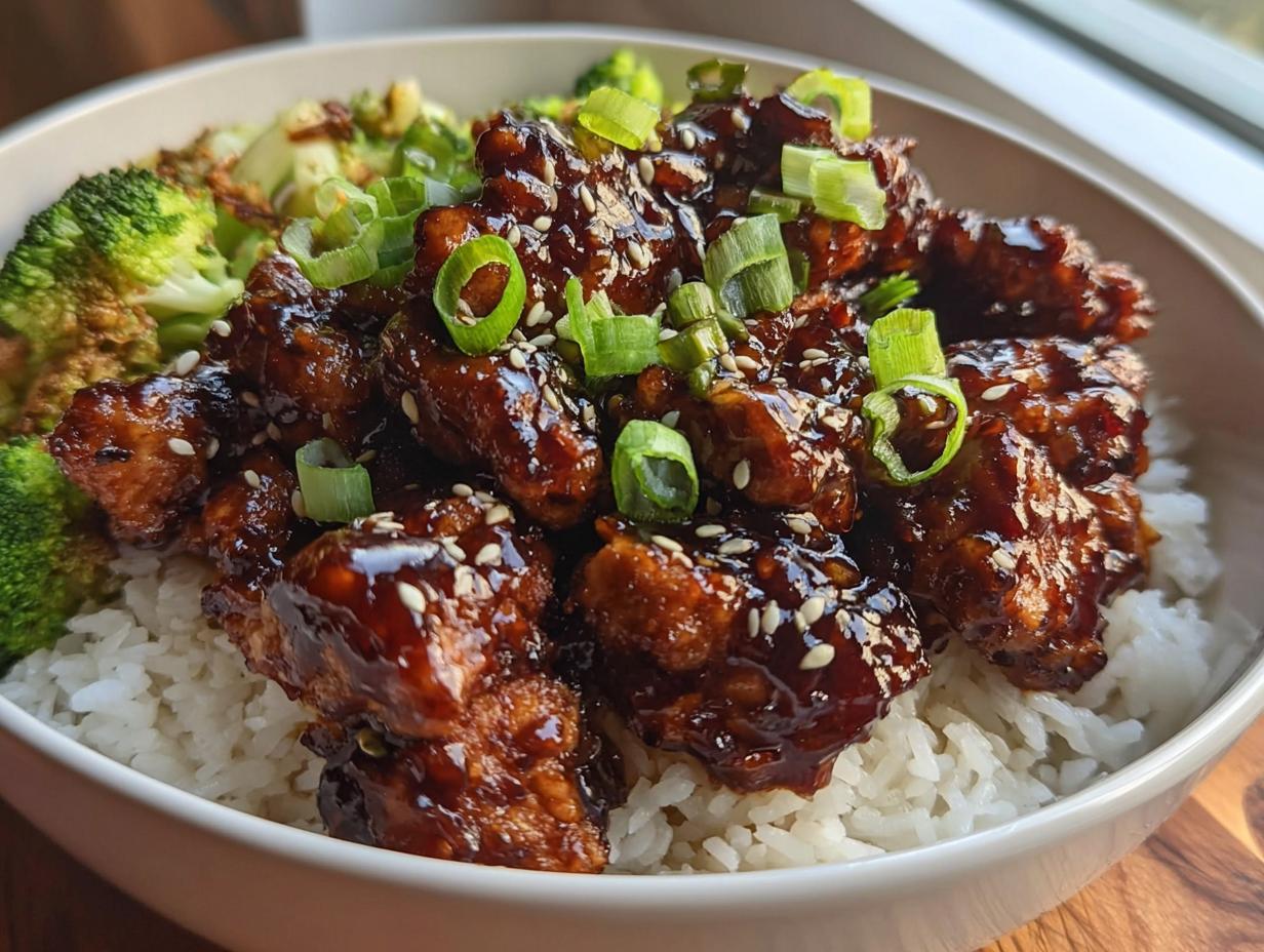 Close-up of a Sticky Teriyaki Chicken Bowl featuring glazed chicken over white rice, topped with sesame seeds and green onions.