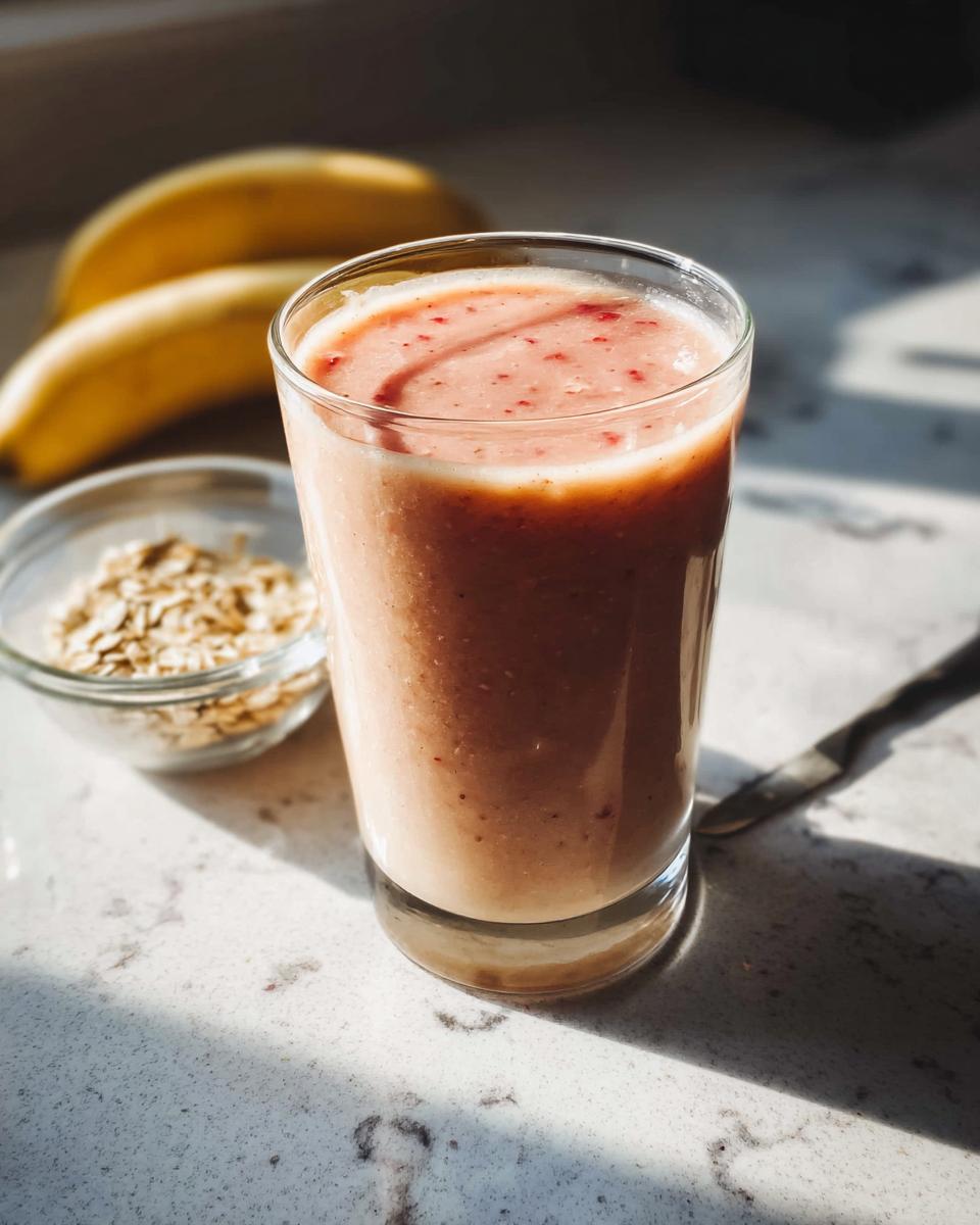 A tall glass filled with a pink Strawberry Oat Smoothie, with oats and bananas in the background.