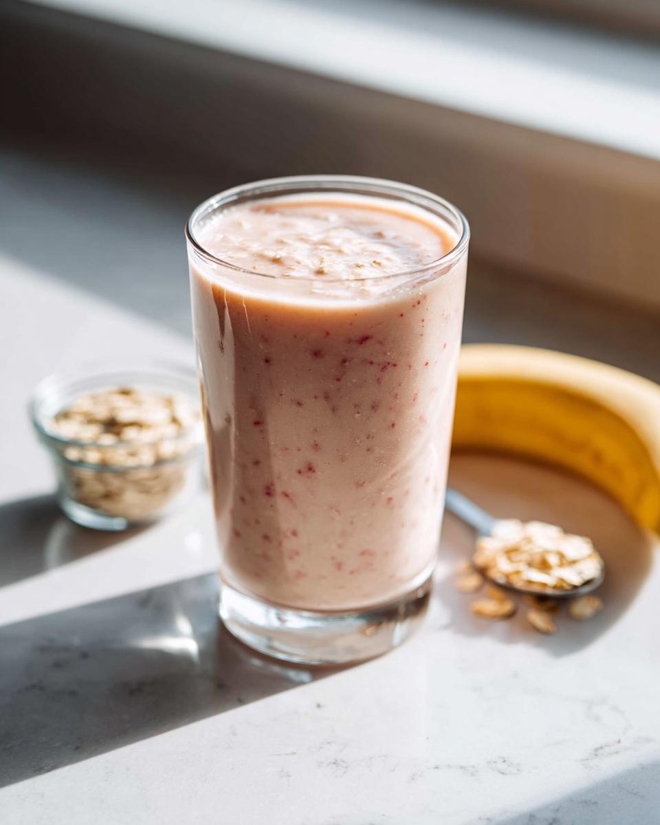A tall glass of pink Strawberry Oat Smoothie for Lasting Energy, with oats and a banana nearby.