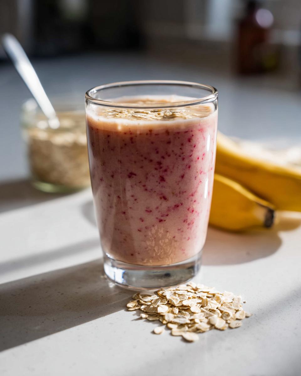 A glass filled with a pink Strawberry Oat Smoothie, topped with oats, next to a pile of raw oats and bananas.