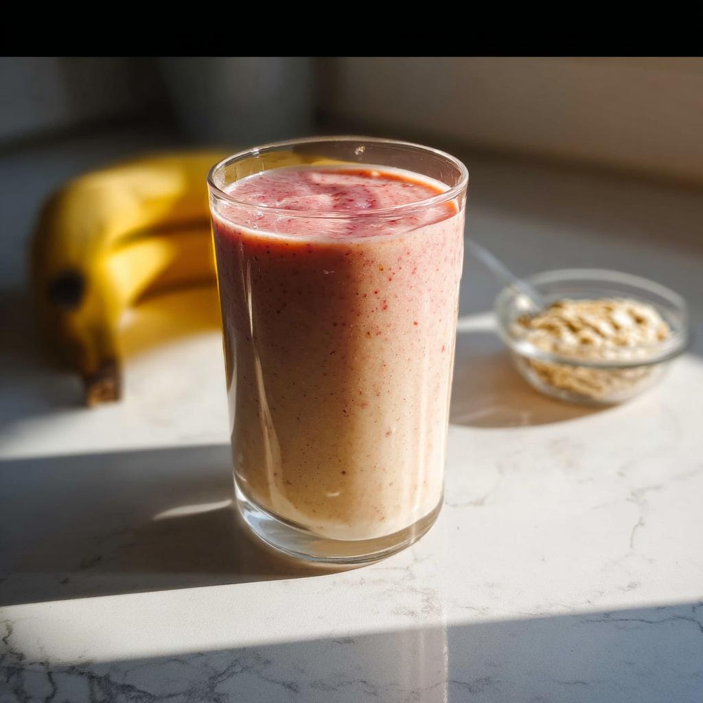 A tall glass of Strawberry Oat Smoothie for Lasting Energy, with a banana and oats nearby.