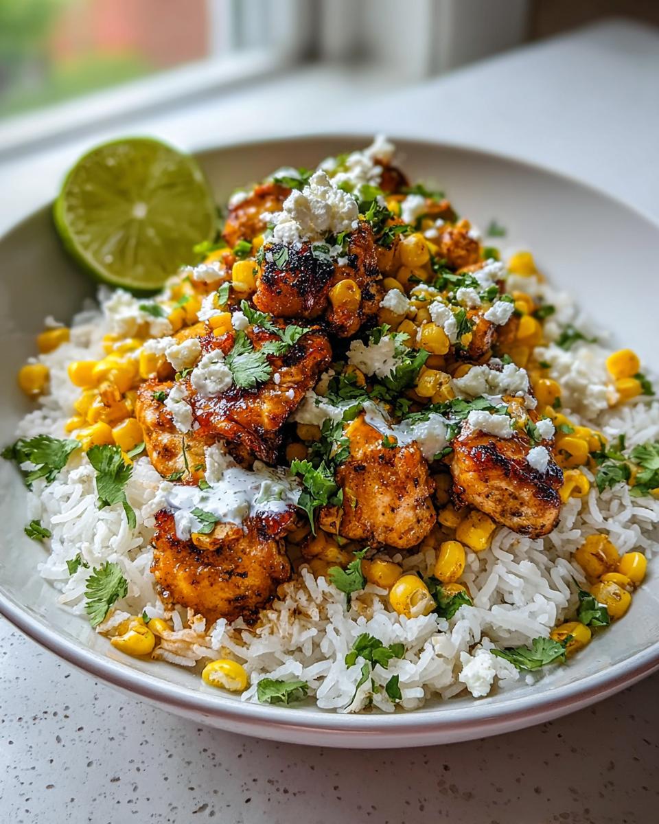 A bowl filled with Street Corn Chicken Rice, topped with grilled chicken, corn, cotija cheese, and cilantro.