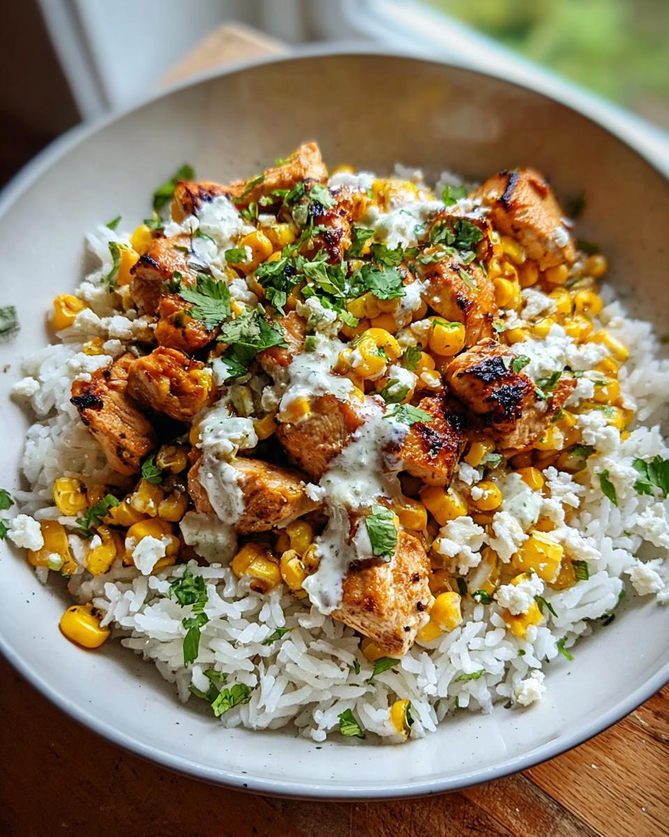 A close-up of a bowl filled with Street Corn Chicken Rice, featuring grilled chicken, corn, and cotija cheese over white rice.