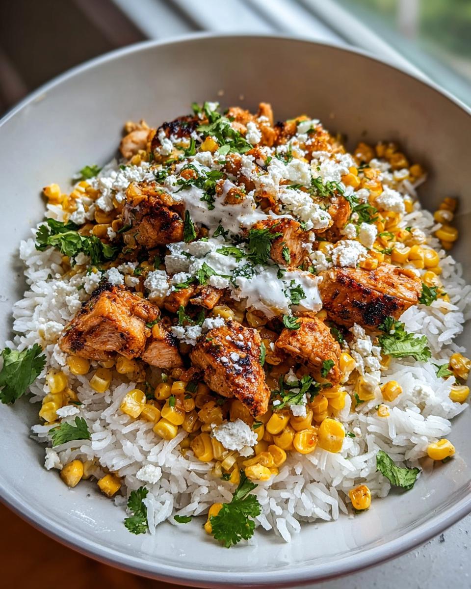 A close-up of Street Corn Chicken Rice featuring seasoned chicken, corn, white rice, cotija cheese, and cilantro.