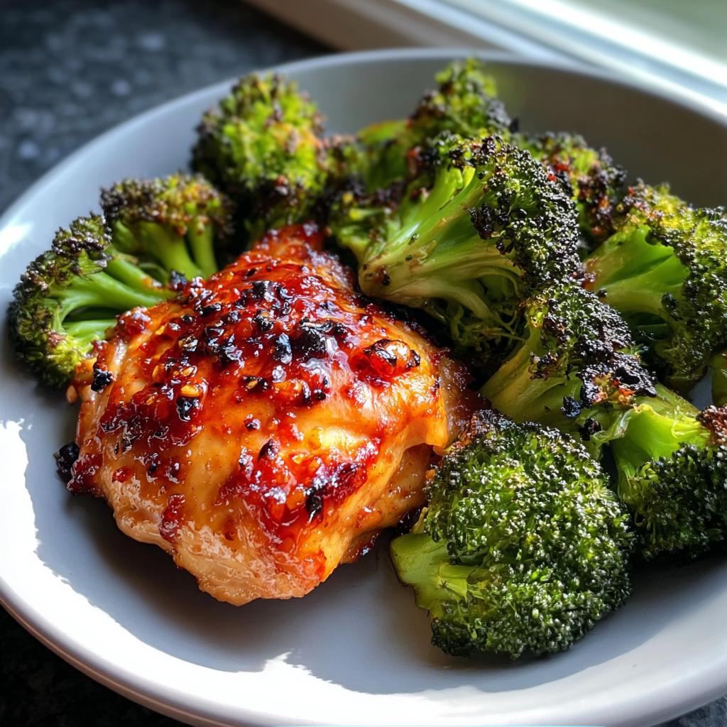 A close-up of a glazed Sweet Chili Chicken Thighs next to charred roasted broccoli florets on a grey plate.