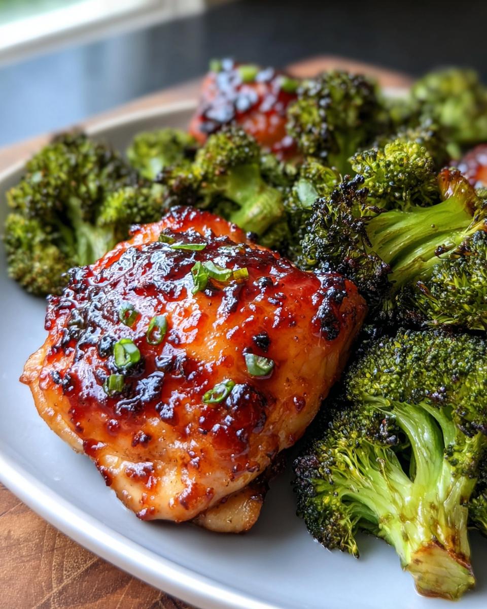 Close-up of a glazed Sweet Chili Chicken Thighs served next to charred roasted broccoli florets.