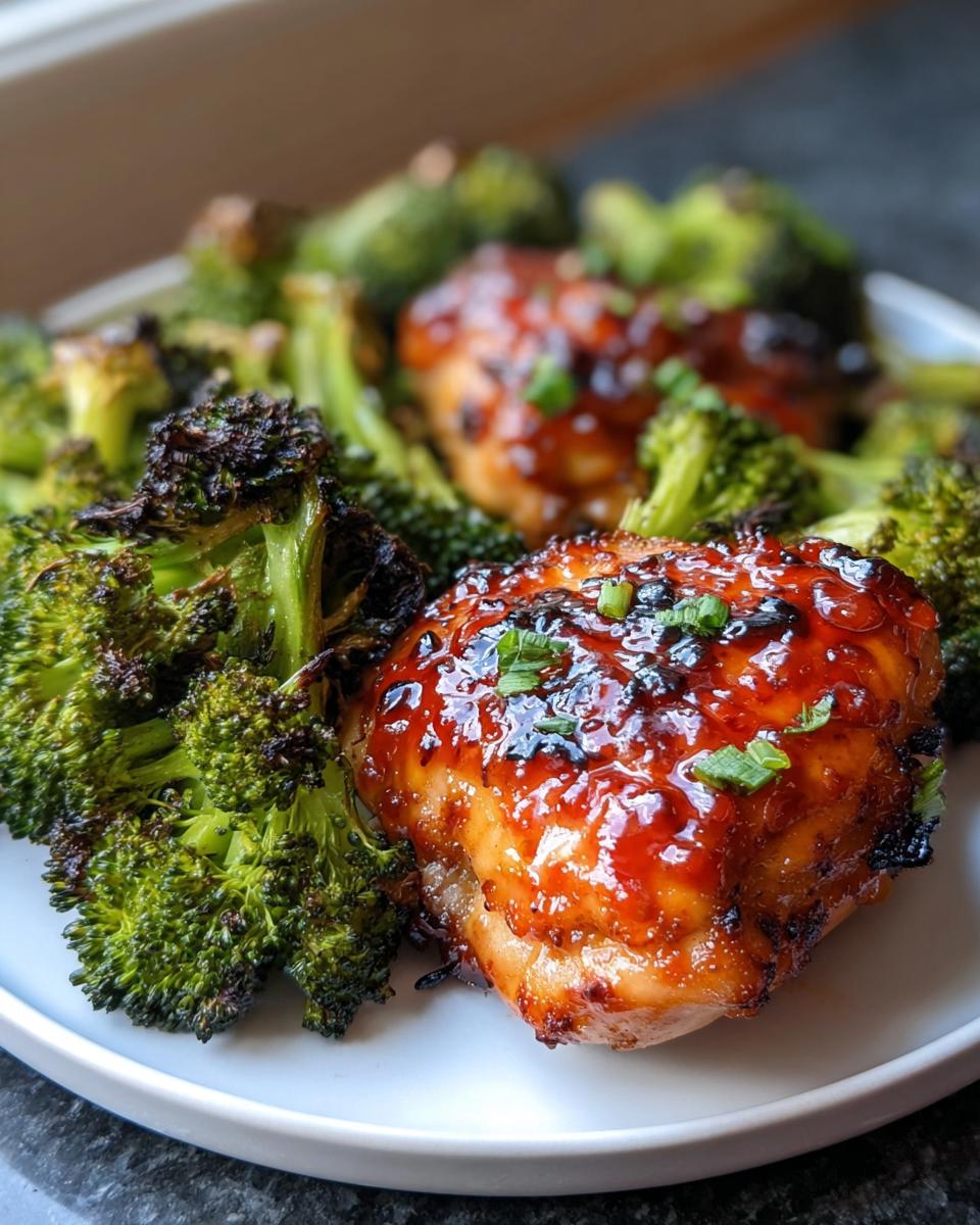 Two glazed Sweet Chili Chicken Thighs served alongside charred, roasted broccoli florets on a white plate.