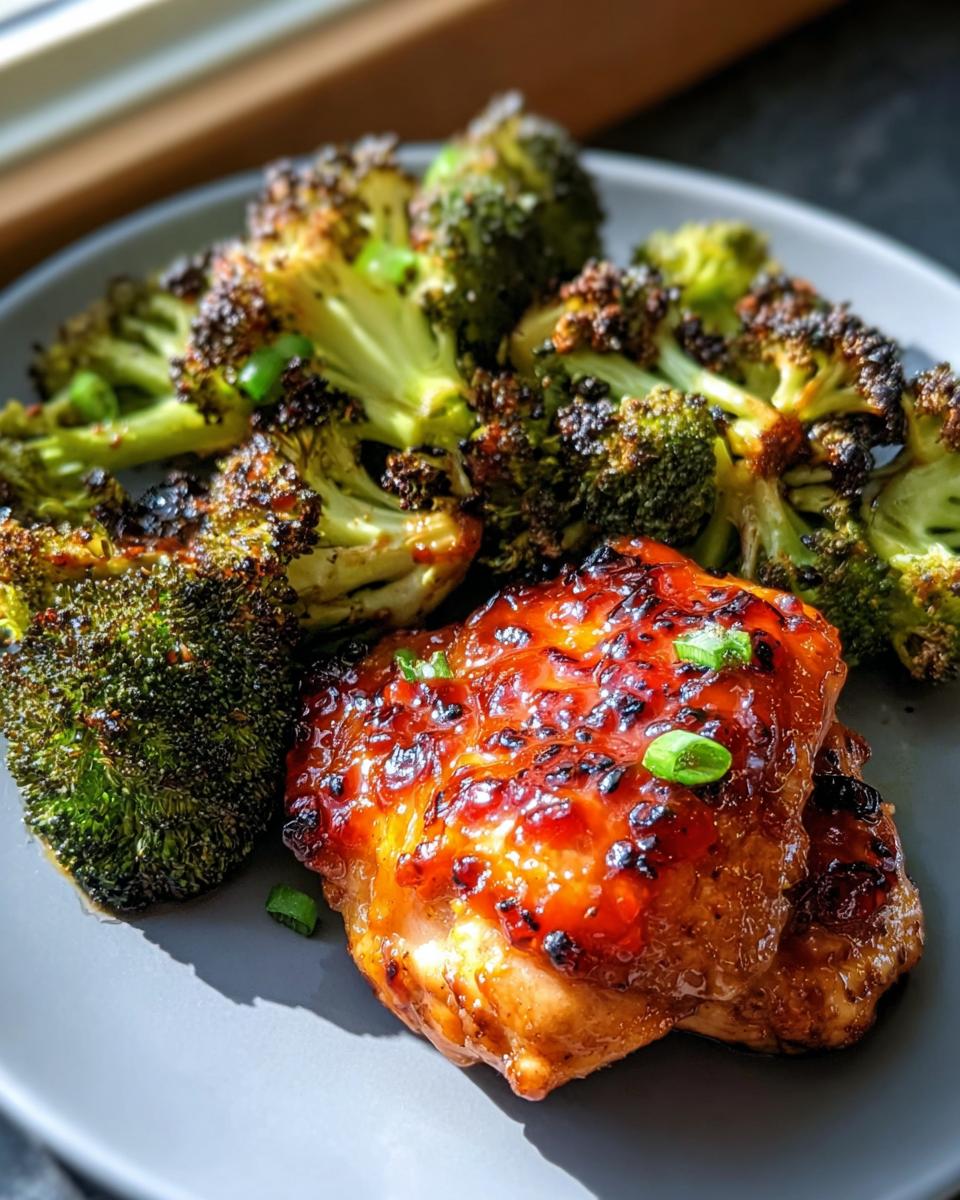Two glazed Sweet Chili Chicken Thighs served next to charred roasted broccoli florets on a grey plate.