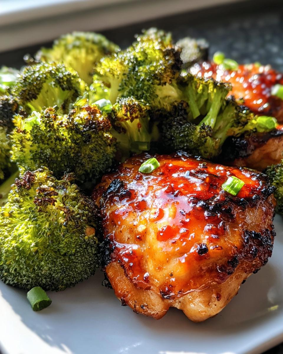 Close-up of a juicy Sweet Chili Chicken Thighs piece with a shiny glaze next to roasted broccoli.