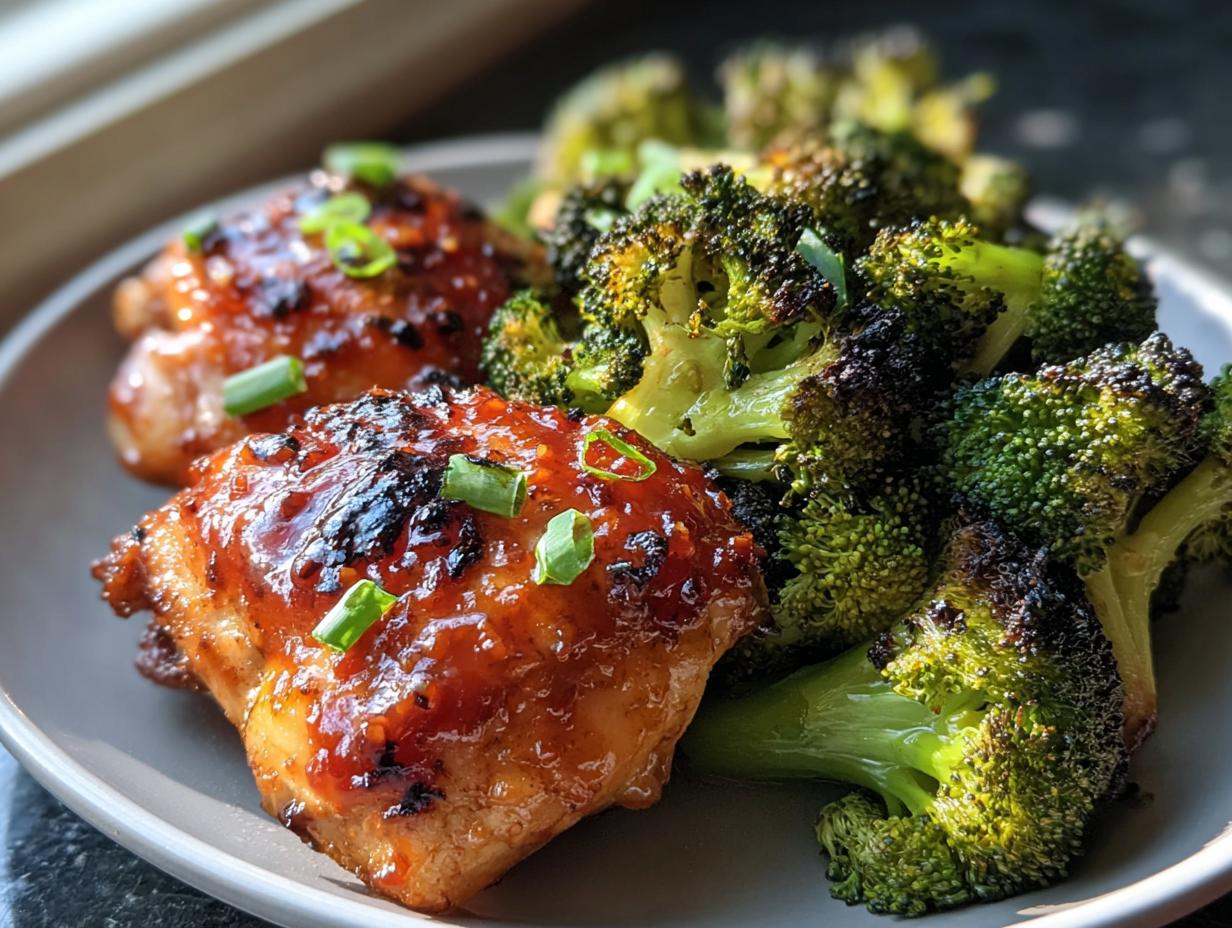 Two glazed Sweet Chili Chicken Thighs served next to a generous portion of perfectly roasted broccoli florets.