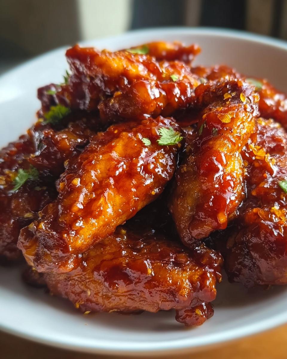 Close-up of glossy, caramelized Sweet Chili Wings with a Spicy Kick, garnished with cilantro.