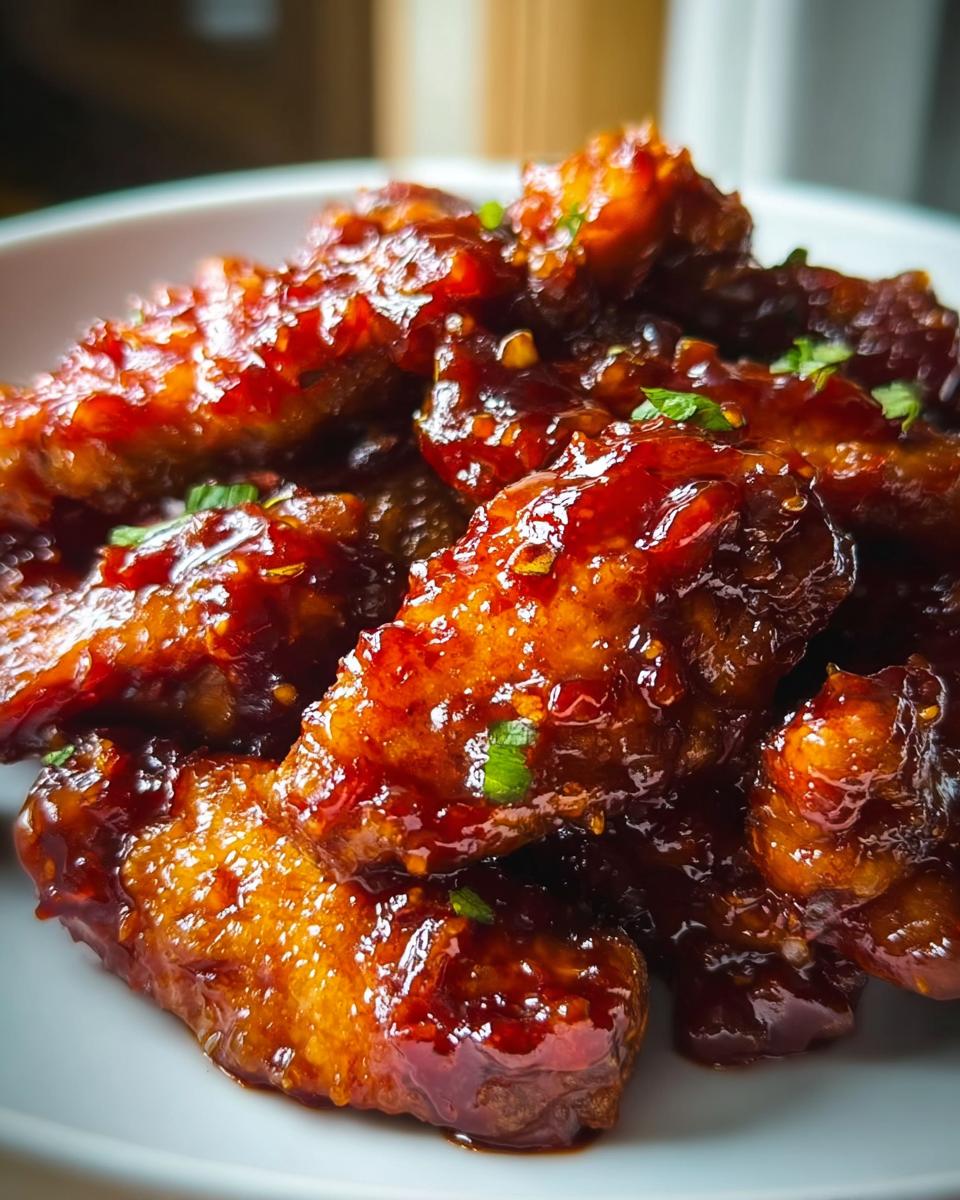 Close-up of crispy chicken wings heavily coated in a glossy, dark red sweet chili sauce, garnished with green herbs.